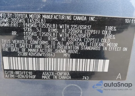 2011 Toyota Rav4 из США, поврежденный, VIN 2T3BF4DV5BW159843